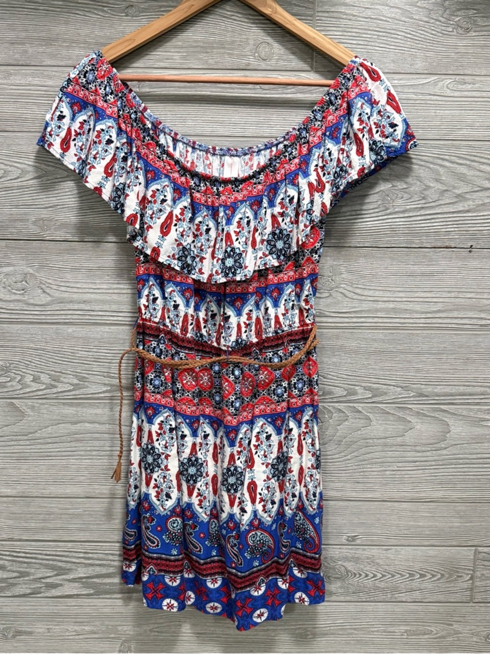 Boho Festival Peasant Mini Dress M Paisley USA Red White & Blue Western Coquette